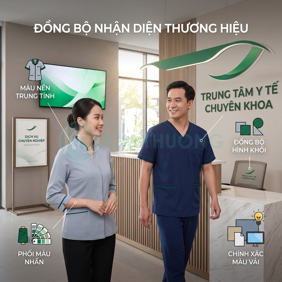 Nhân viên y tế mặc đồng phục spa màu xanh navy và xám tại quầy lễ tân trung tâm y tế chuyên khoa