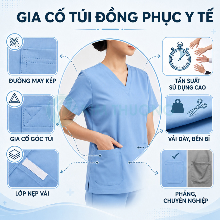 Đồng phục y tế màu xanh dương có túi áo được gia cố, vải dày bền, đường may kép phẳng chuyên nghiệp