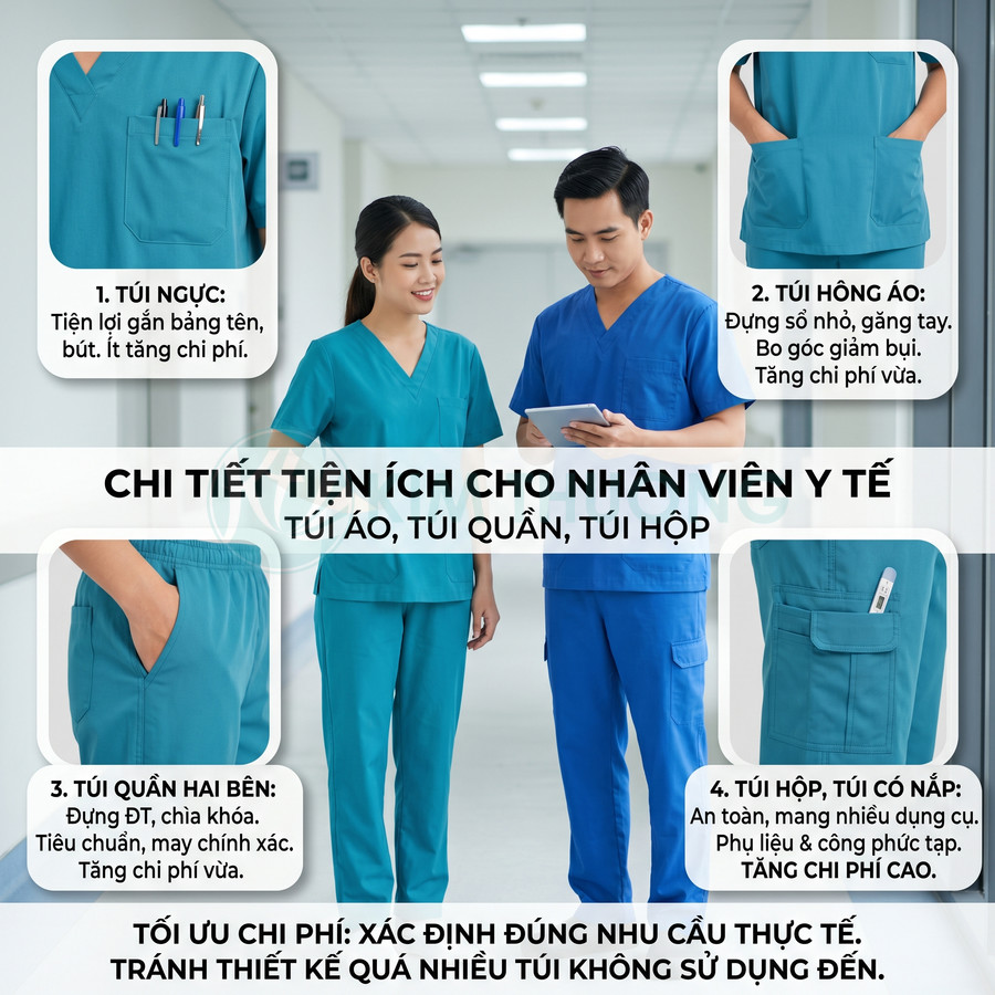Đồng phục y tế màu xanh với nhiều loại túi áo và túi quần tiện dụng cho nhân viên bệnh viện