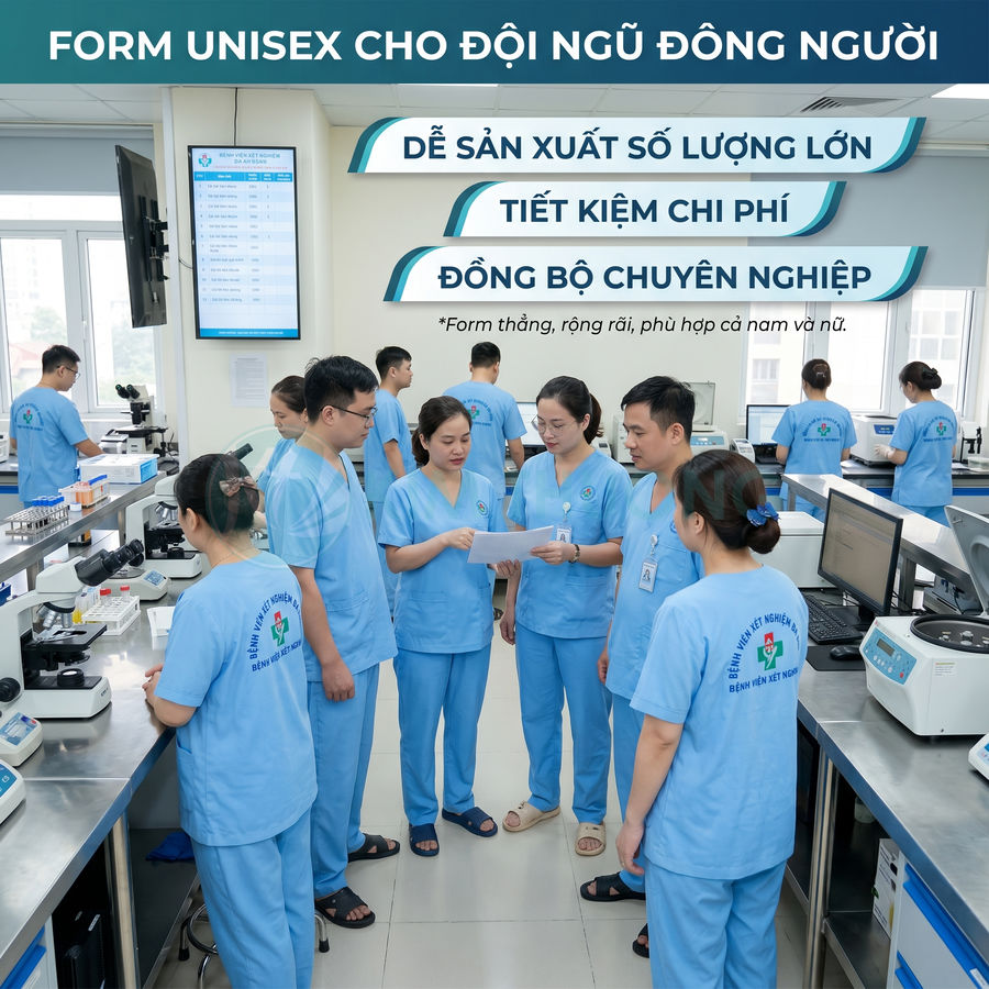 Đồng phục y tế unisex màu xanh cho đội ngũ nhân viên phòng xét nghiệm trong bệnh viện