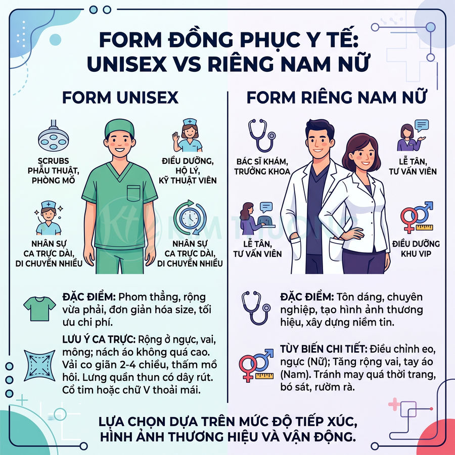 Infographic so sánh form đồng phục y tế unisex và form riêng nam nữ cho bác sĩ, điều dưỡng, lễ tân