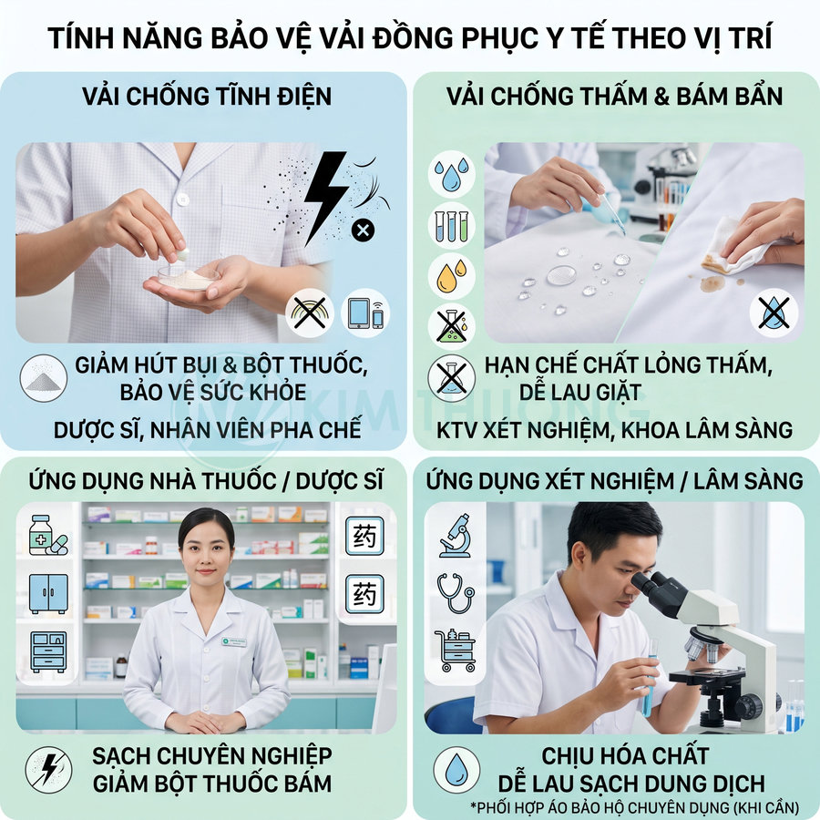 Đồng phục y tế vải chống tĩnh điện, chống thấm bám bẩn cho dược sĩ và kỹ thuật viên xét nghiệm