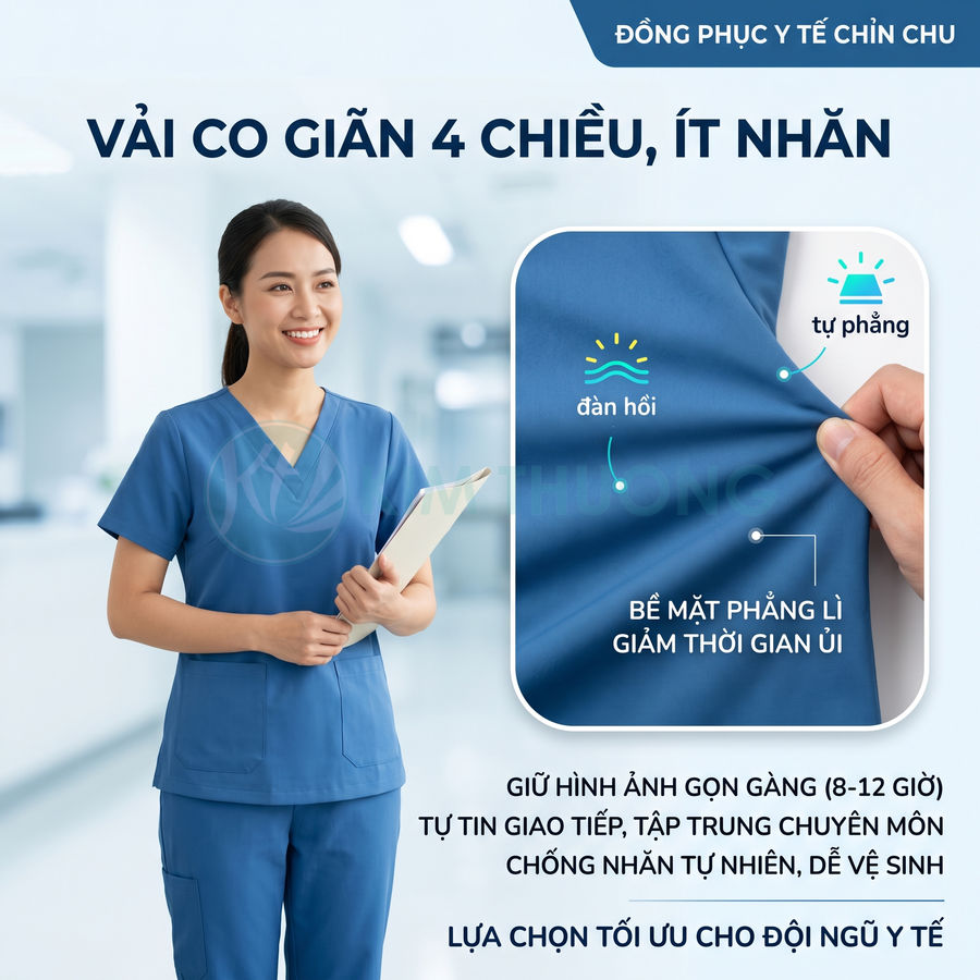 Đồng phục y tế nữ màu xanh chất liệu vải co giãn 4 chiều ít nhăn, bề mặt phẳng dễ vệ sinh