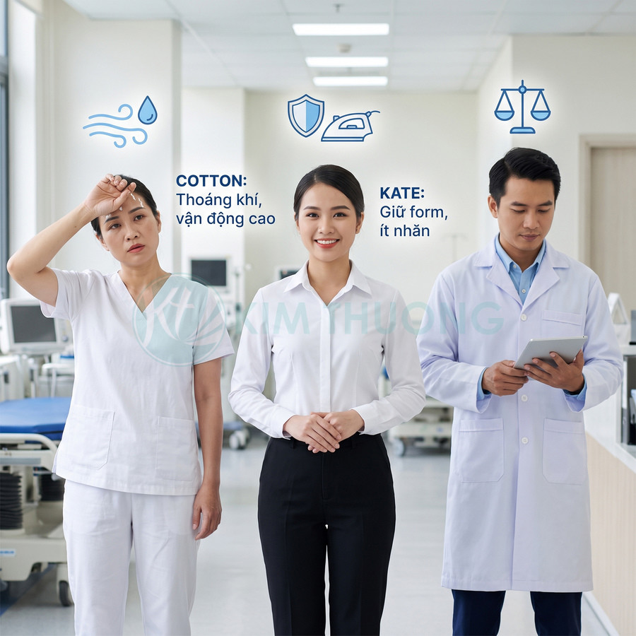 So sánh vải cotton thoáng khí, thấm hút cao với vải kate giữ form, ít nhăn trên trang phục y tế