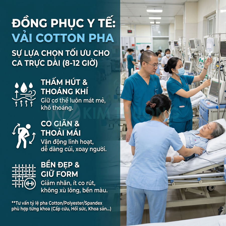 Đồng phục y tế vải cotton pha màu xanh cho bác sĩ điều dưỡng chăm sóc bệnh nhân trong phòng bệnh viện