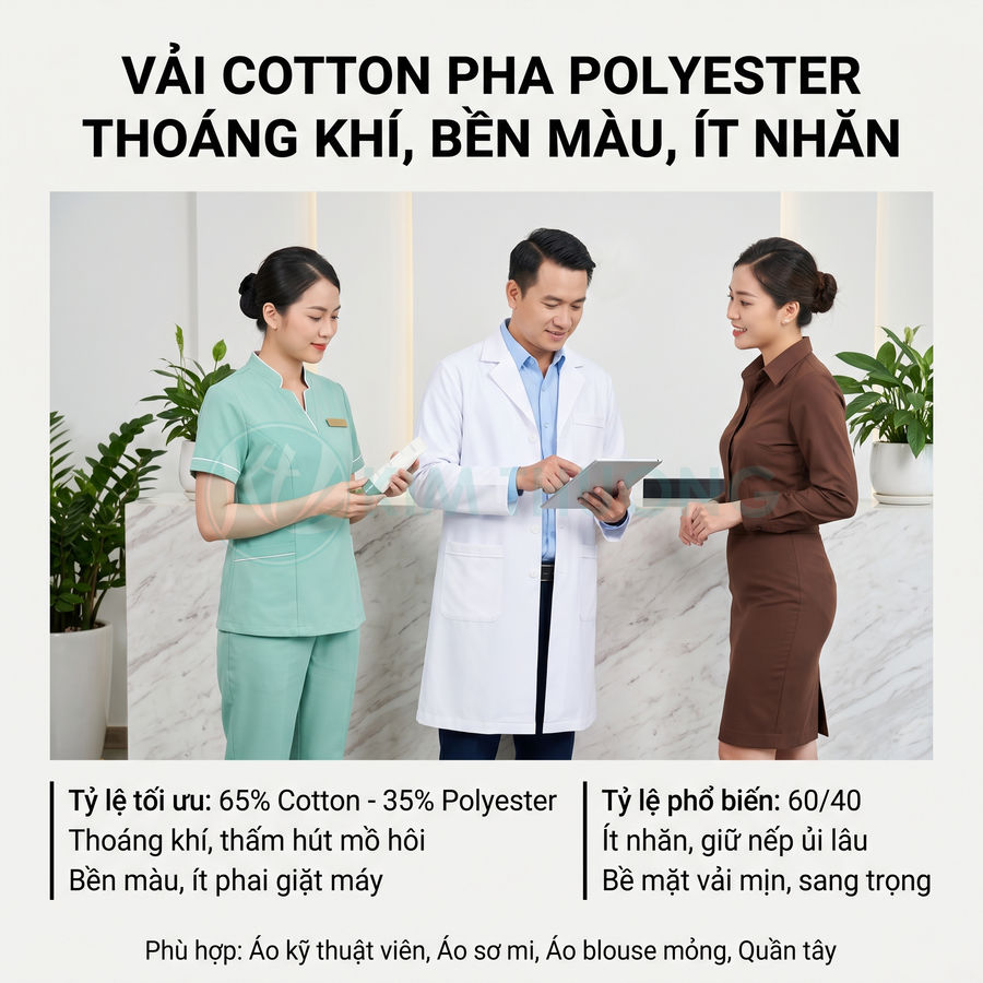 Nhân viên y tế mặc đồng phục vải cotton pha polyester thoáng khí bền màu trong không gian phòng khám