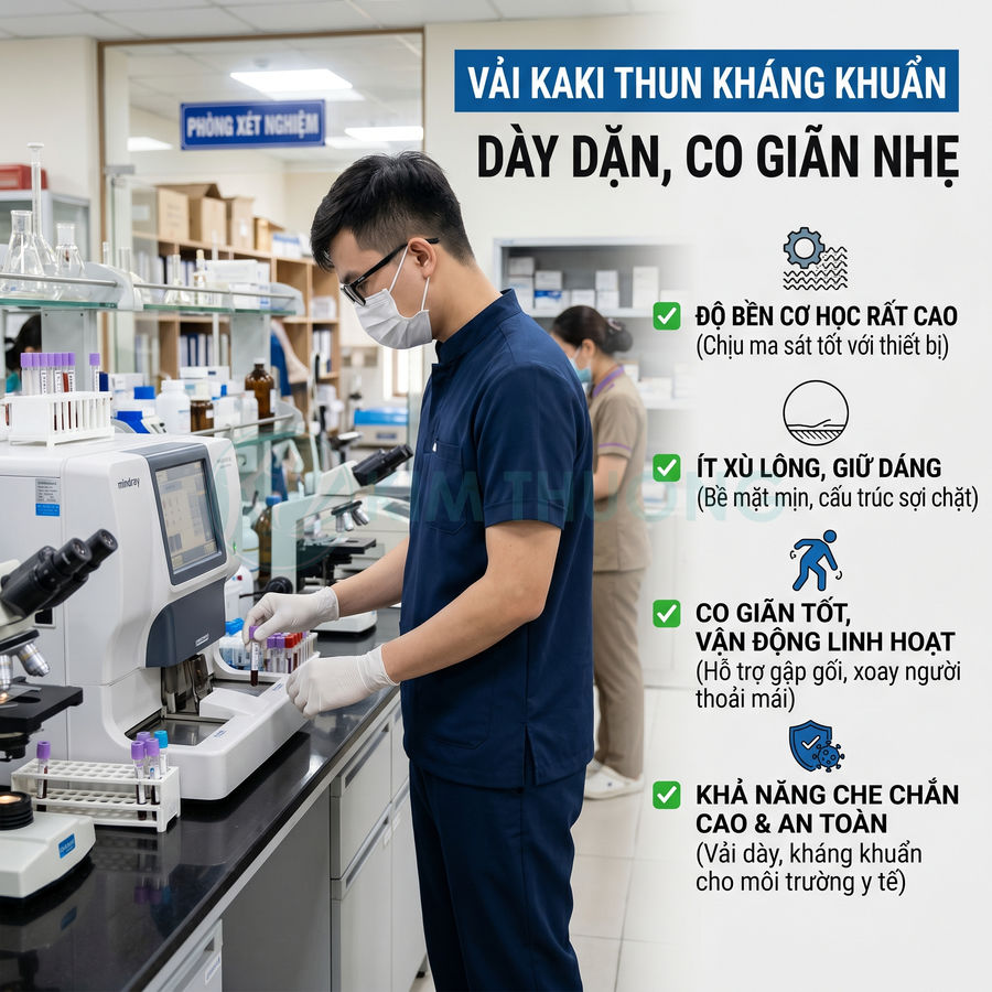 Nhân viên y tế mặc đồng phục vải kaki thun kháng khuẩn màu xanh đậm làm việc trong phòng xét nghiệm