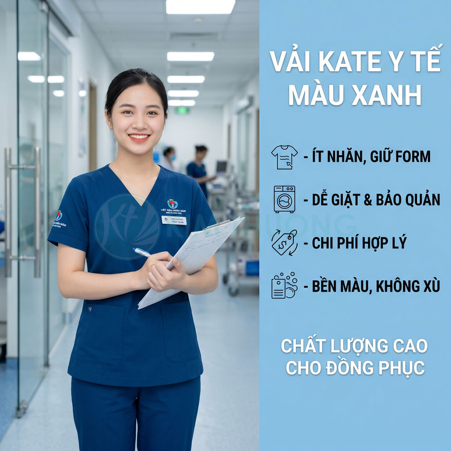 Nữ y tá mặc đồng phục vải kate y tế màu xanh, cầm hồ sơ đứng trong hành lang bệnh viện