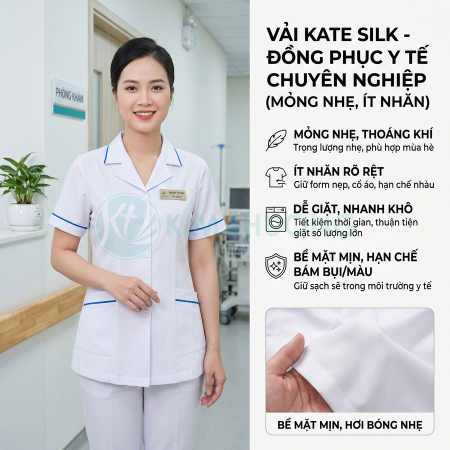 Đồng phục y tế vải kate silk màu trắng mỏng nhẹ ít nhăn cho nữ điều dưỡng trong bệnh viện