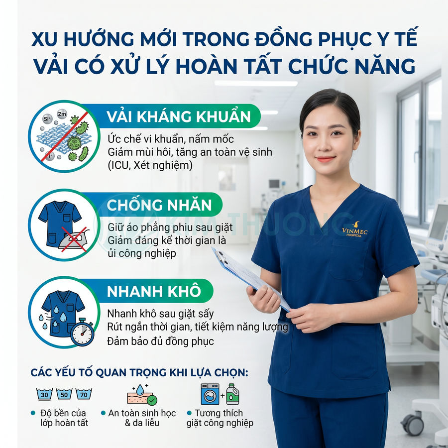 Đồng phục y tế Vinmec màu xanh dương vải kháng khuẩn chống nhăn nhanh khô cho nhân viên bệnh viện