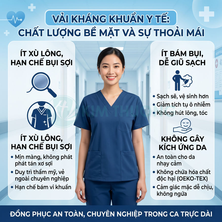 Đồng phục y tá vải kháng khuẩn màu xanh navy, thiết kế cổ tim tay ngắn, chất liệu ít bám bụi và không gây kích ứng da