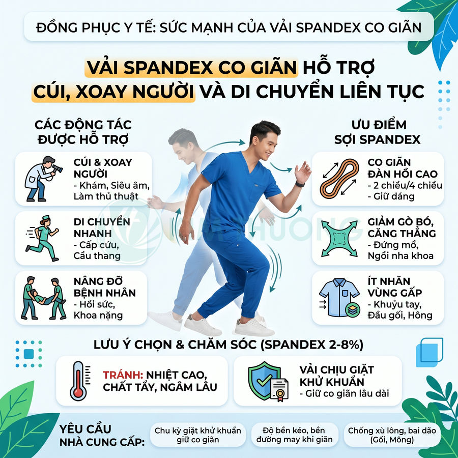 Đồng phục y tế vải spandex co giãn màu xanh dương cho bác sĩ, hỗ trợ cúi xoay người và di chuyển linh hoạt