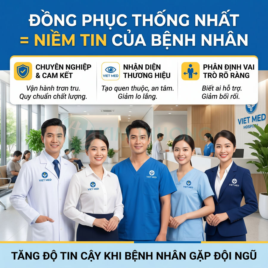Đội ngũ y bác sĩ Viet Med mặc đồng phục bệnh viện chuyên nghiệp đứng tại sảnh tiếp đón bệnh nhân