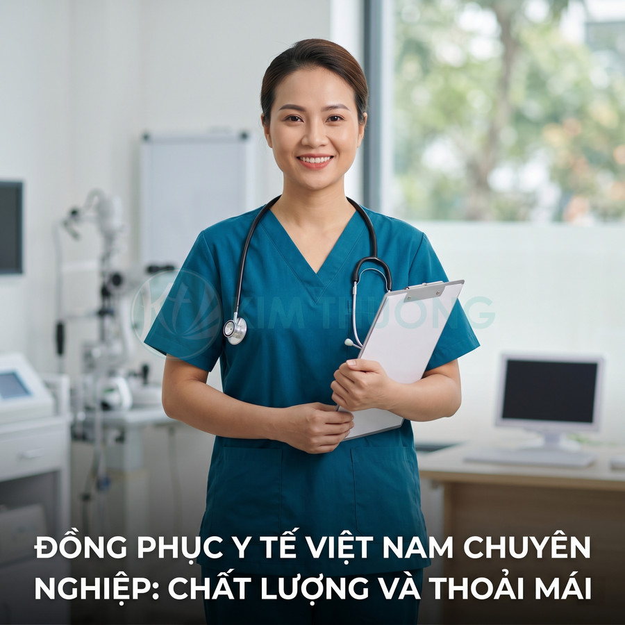 Nữ bác sĩ mặc đồng phục y tế màu xanh cổ tim cầm bảng hồ sơ trong phòng khám hiện đại