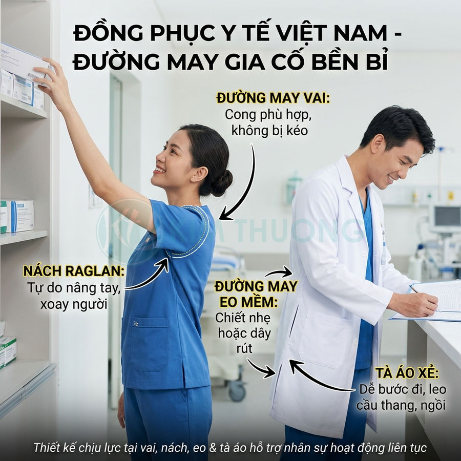 Đồng phục y tế Việt Nam màu xanh dương cho bác sĩ y tá với đường may vai nách eo và tà áo gia cố bền chắc