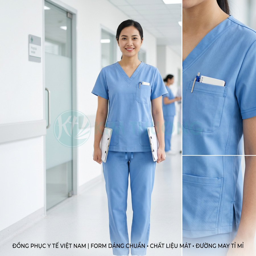 Nữ y tá mặc đồng phục y tế màu xanh dương cầm hồ sơ bệnh án trong hành lang bệnh viện