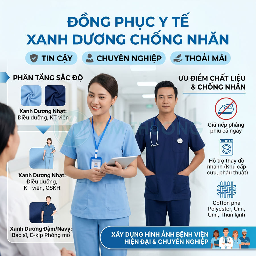 Đồng phục y tế màu xanh dương chống nhăn cho bác sĩ và điều dưỡng trong bệnh viện hiện đại