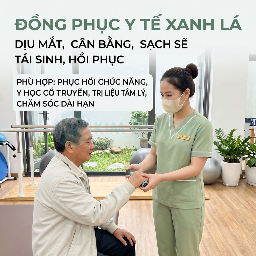 Đồng phục y tế màu xanh lá cho điều dưỡng nữ chăm sóc bệnh nhân lớn tuổi trong phòng phục hồi chức năng