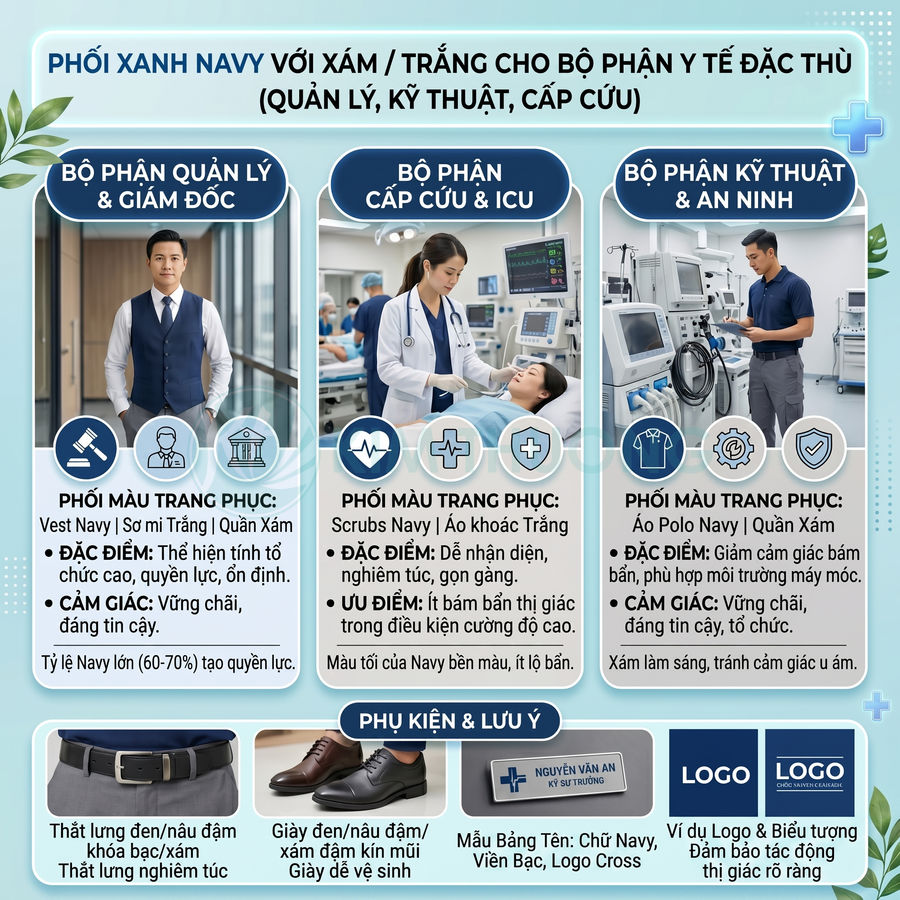 Mẫu đồng phục y tế màu xanh navy phối xám trắng cho quản lý, cấp cứu ICU, kỹ thuật và an ninh trong bệnh viện