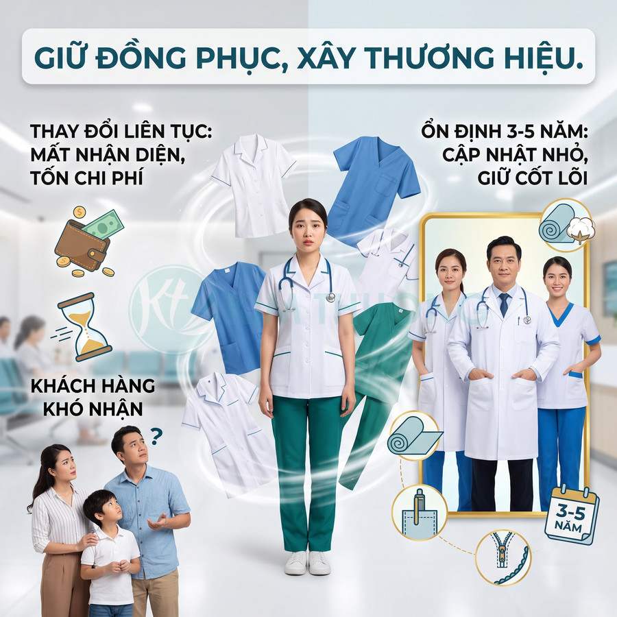 Nhân viên y tế mặc đồng phục bệnh viện trắng xanh, so sánh thay đổi và giữ ổn định đồng phục 3 đến 5 năm