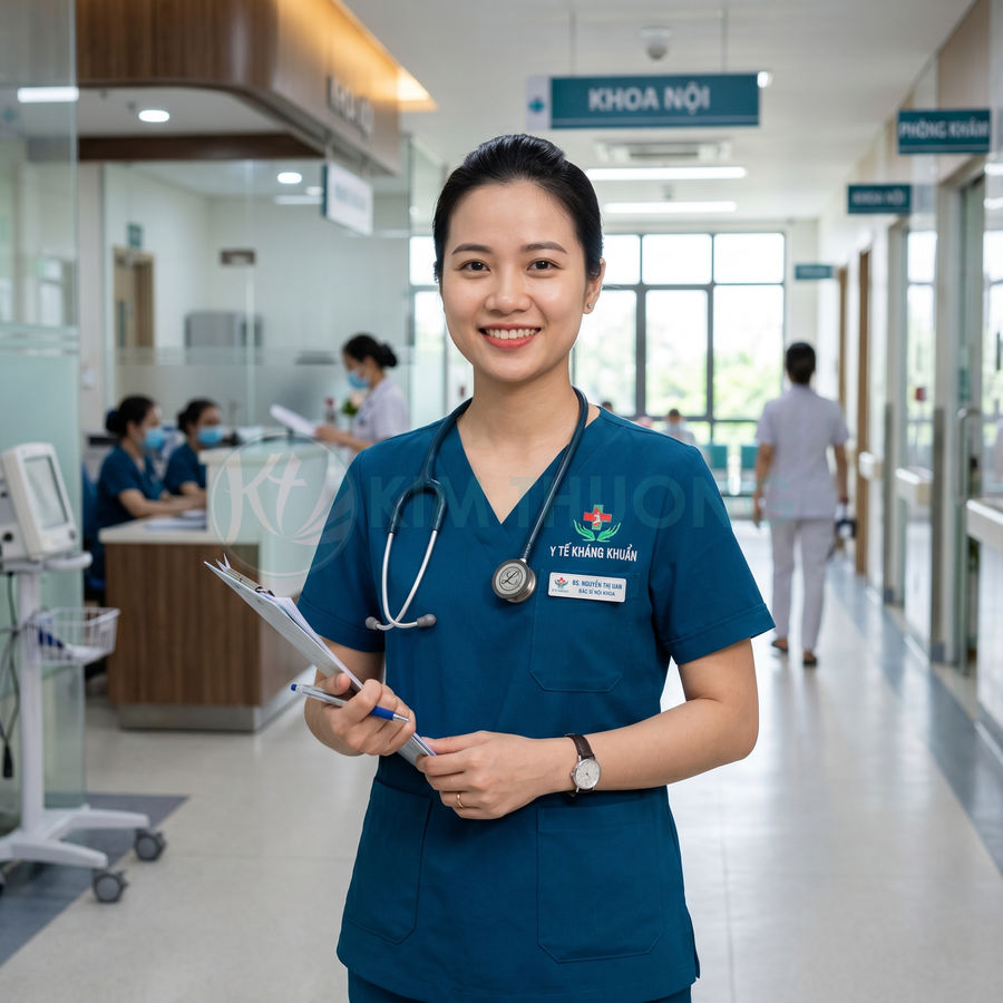 Nữ điều dưỡng mặc đồng phục xanh đeo ống nghe cầm hồ sơ bệnh án đứng tại hành lang bệnh viện