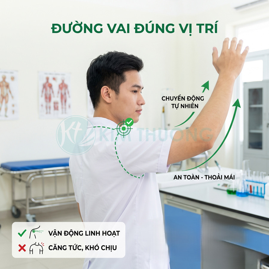 Bác sĩ mặc áo blouse trắng giơ tay minh họa thiết kế đường vai đúng vị trí giúp vận động linh hoạt