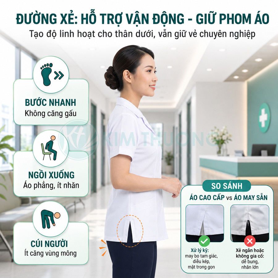 Đồng phục y tá nữ màu trắng có đường xẻ hông hỗ trợ vận động, giữ phom áo gọn gàng trong bệnh viện