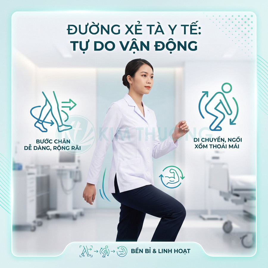 Đồng phục y tá nữ màu trắng và quần tối màu, thiết kế co giãn giúp vận động thoải mái trong bệnh viện