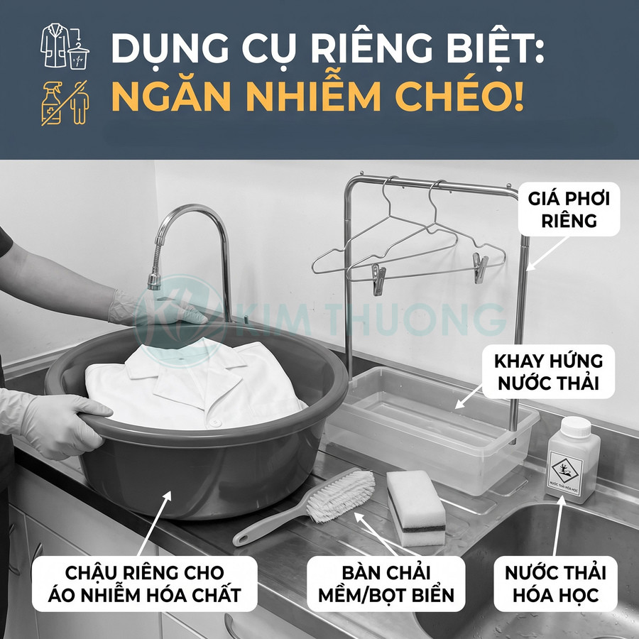 Dụng cụ giặt riêng áo nhiễm hóa chất gồm chậu, giá phơi, khay hứng nước thải, bàn chải và bọt biển