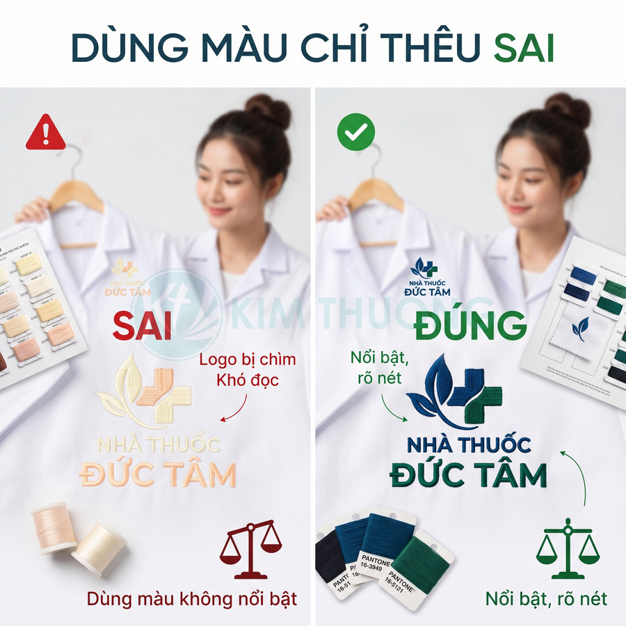So sánh áo blouse thêu logo Nhà Thuốc Đức Tâm với màu chỉ sai và đúng, minh họa độ nổi bật của logo