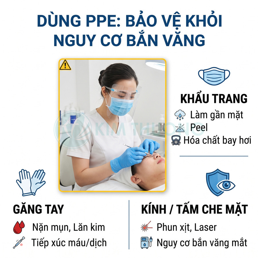 Nhân viên spa đeo khẩu trang, kính che mặt và găng tay PPE khi điều trị da mặt cho khách hàng