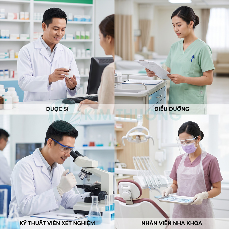 Các vị trí nhân viên y tế gồm dược sĩ, điều dưỡng, kỹ thuật viên xét nghiệm và nhân viên nha khoa trong bệnh viện