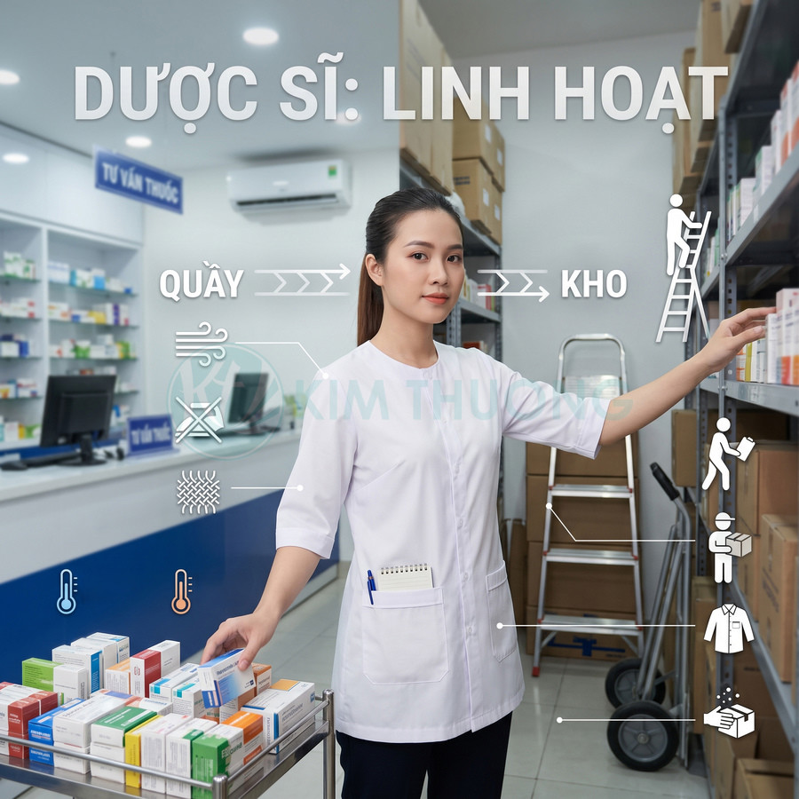 Dược sĩ sắp xếp và quản lý hộp thuốc tại quầy và kho trong nhà thuốc hiện đại