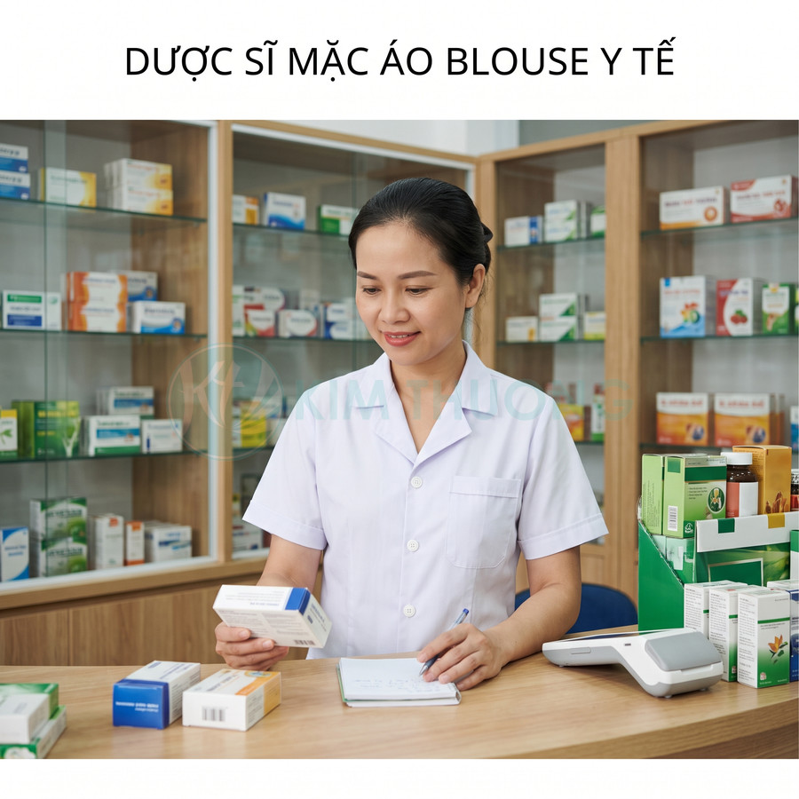 Dược sĩ mặc áo blouse trắng đang kiểm tra hộp thuốc tại quầy nhà thuốc
