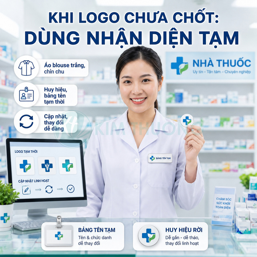 Dược sĩ mặc áo blouse trắng cầm huy hiệu logo tạm của nhà thuốc trong không gian quầy thuốc hiện đại