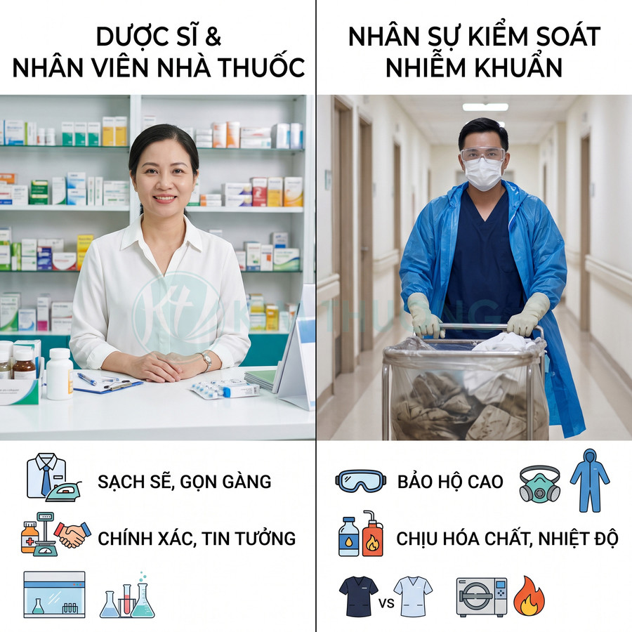 So sánh đồng phục dược sĩ nhà thuốc và nhân viên kiểm soát nhiễm khuẩn với yêu cầu sạch sẽ, bảo hộ cao