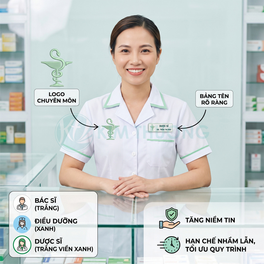 Nữ dược sĩ mặc đồng phục trắng viền xanh có logo ngành dược và bảng tên rõ ràng trong nhà thuốc