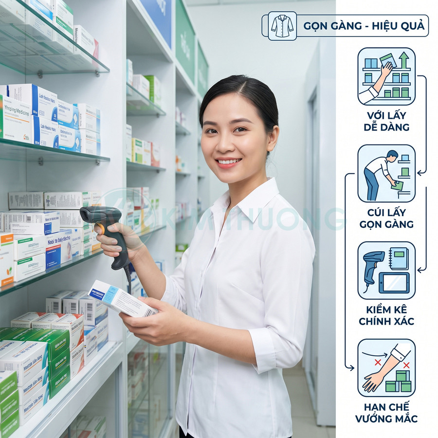 Nhân viên nhà thuốc dùng máy quét mã vạch kiểm kê hộp thuốc trên kệ gọn gàng