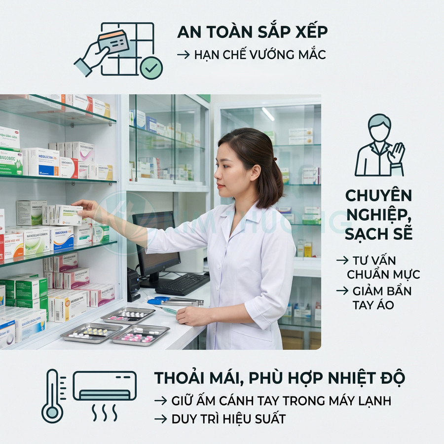 Dược sĩ mặc áo blouse trắng sắp xếp hộp thuốc trên kệ tủ kính trong nhà thuốc sạch sẽ