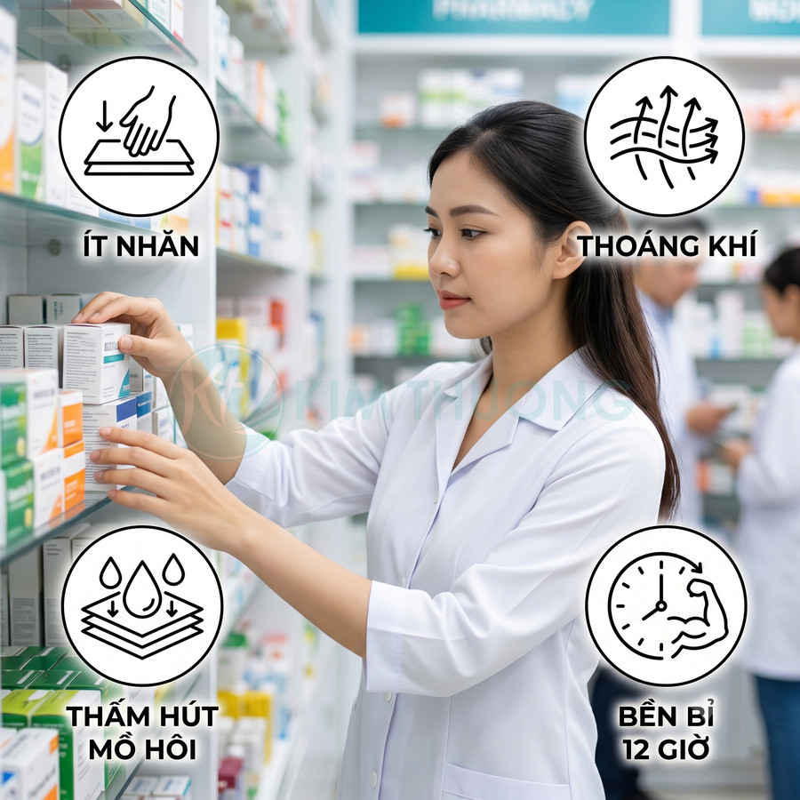 Áo blouse y tế nữ màu trắng ít nhăn, thoáng khí, thấm hút mồ hôi, bền bỉ 12 giờ cho dược sĩ, bác sĩ