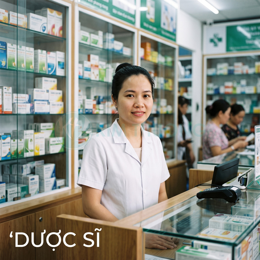 Dược sĩ tư vấn thuốc tại quầy bán hàng trong nhà thuốc hiện đại