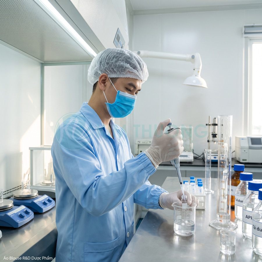 Nhân viên phòng thí nghiệm mặc áo blouse xanh và đồ bảo hộ đang dùng micropipette lấy mẫu dung dịch