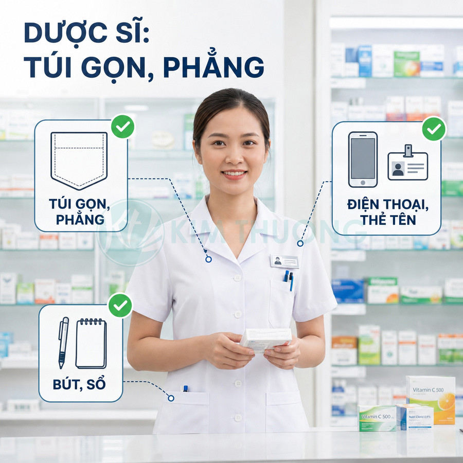 Dược sĩ mặc áo blouse trắng cầm hộp thuốc Vitamin C 500 đứng trước quầy thuốc trong nhà thuốc