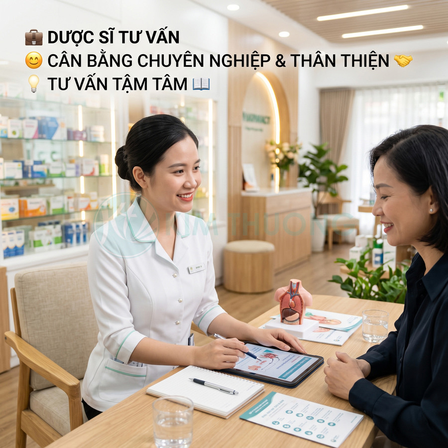 Dược sĩ tư vấn sức khỏe cho khách hàng tại nhà thuốc, sử dụng máy tính bảng và tài liệu minh họa