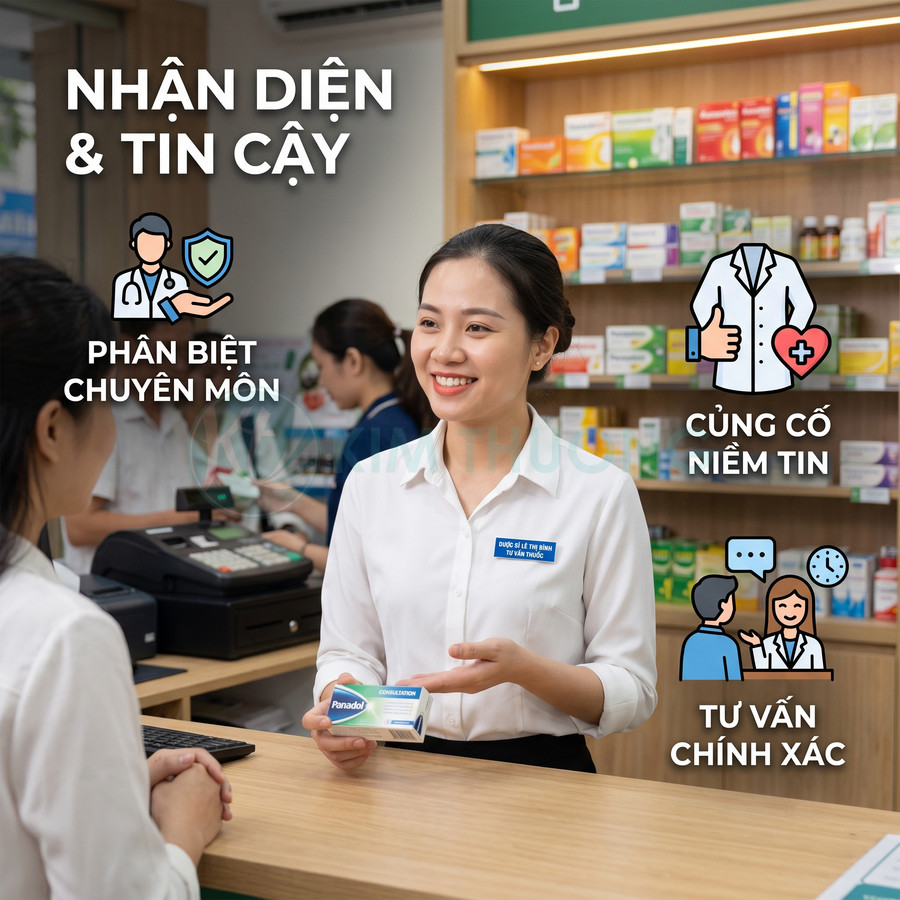Dược sĩ tư vấn và giới thiệu thuốc Panadol cho khách tại quầy nhà thuốc hiện đại