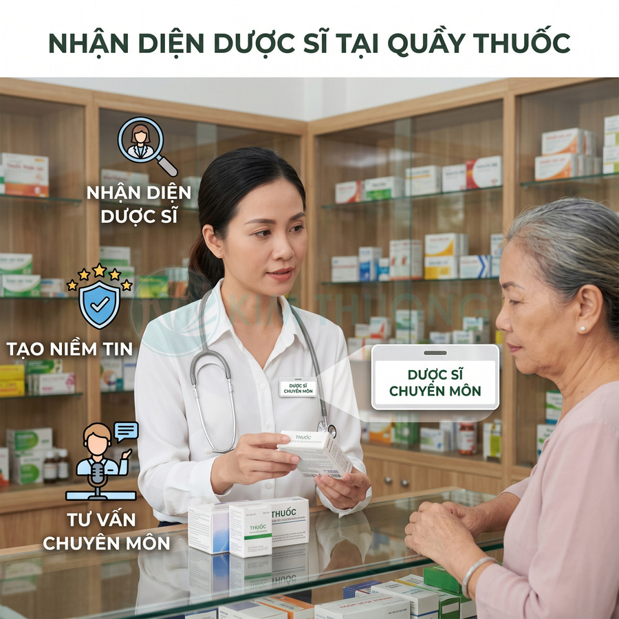 Dược sĩ tư vấn thuốc cho khách hàng lớn tuổi tại quầy nhà thuốc, nhiều hộp thuốc trưng bày phía sau