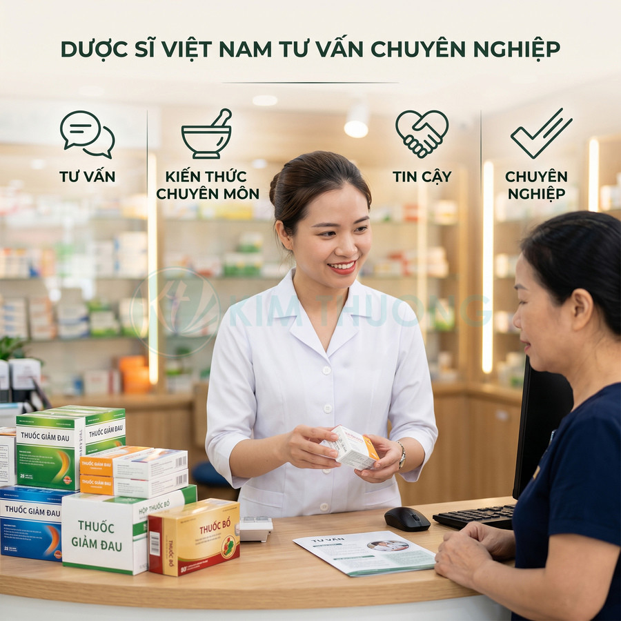 Dược sĩ tư vấn thuốc giảm đau và thuốc bổ cho khách tại quầy nhà thuốc Việt Nam