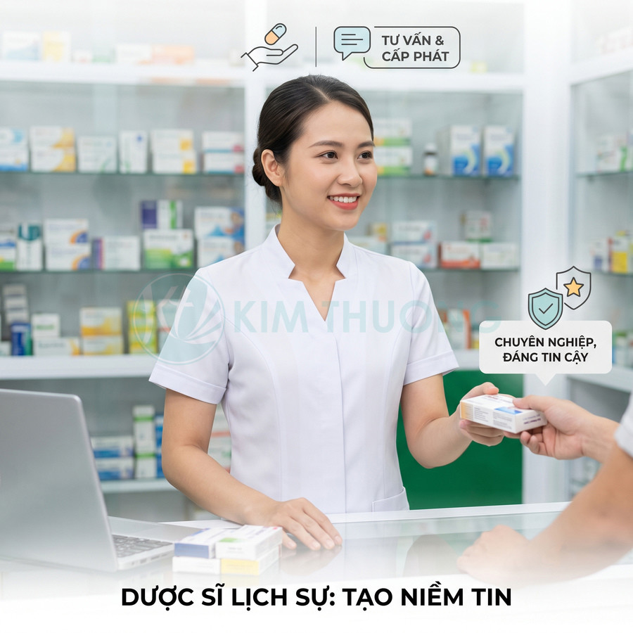 Dược sĩ Kim Thượng tư vấn và bán thuốc cho khách tại quầy nhà thuốc hiện đại
