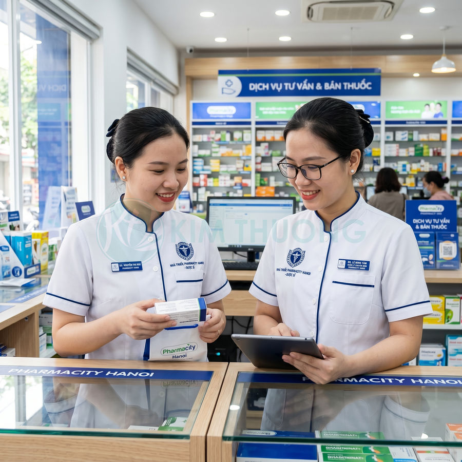 Dược sĩ Pharmacity Hà Nội tư vấn thuốc cho khách bằng hộp thuốc và máy tính bảng trong nhà thuốc