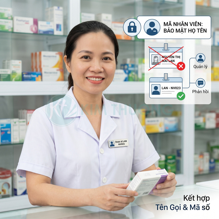 Dược sĩ tại nhà thuốc đeo bảng tên nhân viên mã số NV023, cầm hộp thuốc tư vấn cho khách hàng